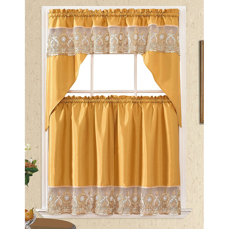 Rosalind Wheeler 3Pc Embroidered Rod Pocket Kitchen Curtains And